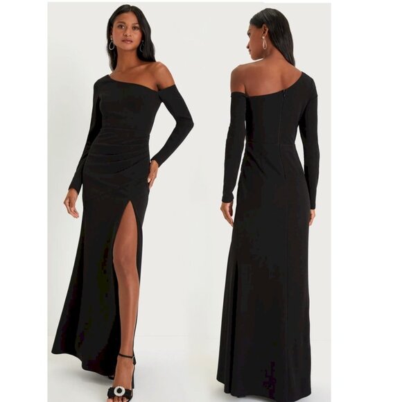 Lulus Elegant Sensation Black Asymmetrical Pleated Maxi Dress Size Medium NWT - Picture 1 of 7